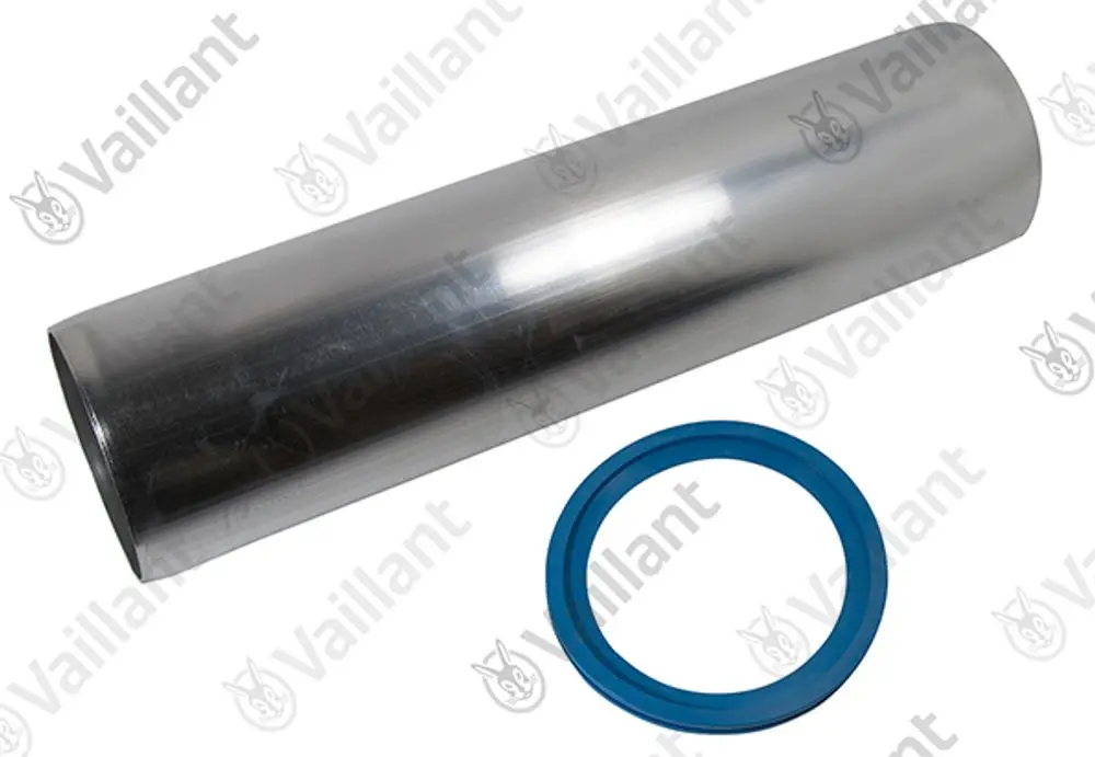 Stahlrohr mit glatter Oberfläche und einem blauen Dichtungsring. Produkt von Vaillant für Brennwertsysteme, offensichtlich ein Anschluss- oder Endstück.